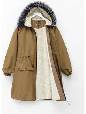 Sabit Kapşonlu Içi Kürklü Bondit Kaban -Taba