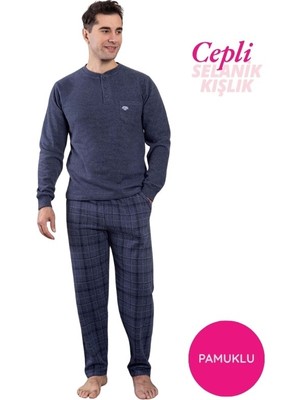 Guava Erkek İndigo 3 Düğmeli Göğüs Cepli Kışlık Pamuklu Selanik Kumaş Uzun Manşetli Kol Cepli Pijama Takım
