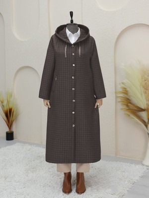 Yakası Zincir Detaylı Uzun Kapitone Kaban    -Toprak