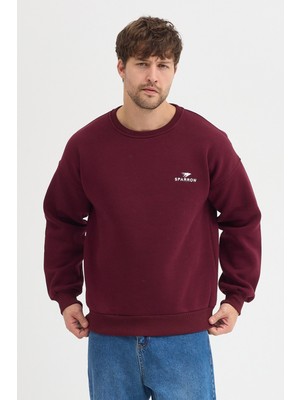 Sparrow Oversize Bisiklet Yaka Şardonlu Erkek Sweatshirt 3 Iplik Pamuklu Bordo - 2xl