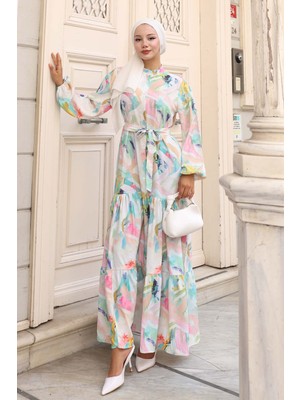 Bigdart Kadın Desenli Uzun Tesettür Elbise 2586 - Turkuaz