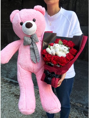 Lenostra 80CM Pembe Ayıcık ve Ayıcıklı Çiçek Buketi Beyaz Ayıcıklı ve Kırmızı Güllü - Hediye Çiçek - Svgiliye