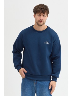 Sparrow Oversize Bisiklet Yaka Şardonlu Erkek Sweatshirt 3 Iplik Pamuklu Indigo - M