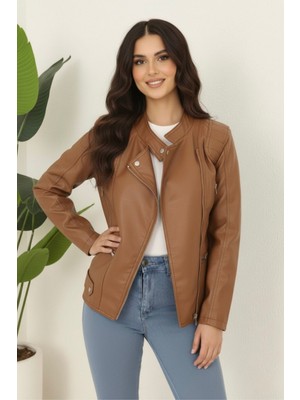 Hiramir Kadın Deri Polar Astarlı Yeni Sezon Mont KS2557 Taba - 42