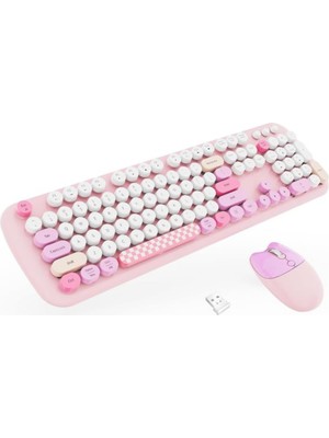 Geezer Kablosuz Klavye ve Mouse Set Renkli Sevimli 100 Tuşlu Pc Notebook Laptop Uyumlu Klavye ve Fare Ev Ofis Kullanımına Uygun Ingilizce Q Klavye
