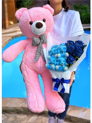 Lenostra Kız Arkadaşa Hediyelik Eşya 90CM Pembe Ayıcık ve Güllü Ayıcık Buketi - Arkadaş Hediye - Anne Hediye