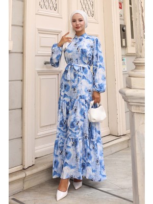 Bigdart Kadın Desenli Uzun Tesettür Elbise 2586 - Mavi