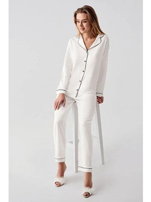 Perin Biyeli Yakalı Uzun Kol Önden Düğmeli Kadın Pijama Takım 1035