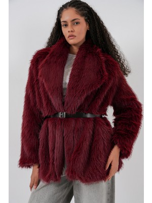 Bigdart Kadın Kemerli Oversize Kürklü Kaban 9156 - Bordo Polar Astar ve Uzun Kol Özellikli