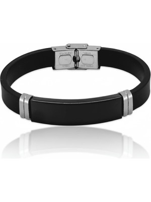 Tesbihane Siyah Silikon ve Çelik Bileşim Siyah Zeminli Isme Özel Yazılı Erkek Bileklik