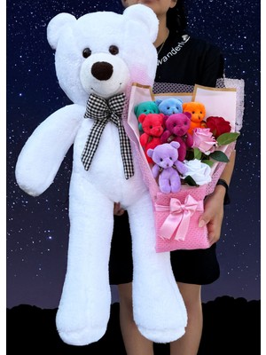 Lenostra Sevgiliye Alınacak Hediyeler - 90CM Büyük Beyaz Ayıcık ve Güllü Renkli Ayıcıklı Buket - 24 Kasım