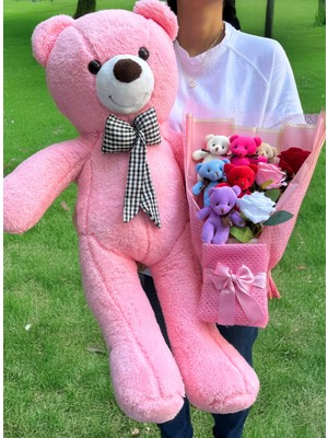 Lenostra 80CM Pembe Ayıcık ve Rengarenk Güllü Ayıcıklı Buket - Arkadaşa Hediye - Anneye Hediye