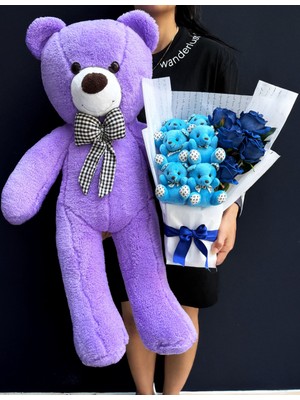 Lenostra Sevgiliye Hediye - Ayıcıklı Çiçek Buketi - Büyük Peluş Ayıcık Mor - Dogum Gunu - Yil Donumu - Ozur