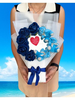 Lenostra Aynalı Çiçek Buketi - Mavi Ayıcık ve Lacivert Güller - Kız Arkadaşa Hediye - Aynalı Buket