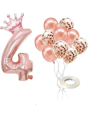 Rakam Rose Gold Folyo Balon, Kral Tacı ve Konfetili Rose Gold Balon