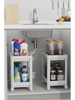 Life 2 Adet 2 Katlı Tekerlekli Tezgah Altı Beyaz Banyo Mutfak Rafı MIT1120
