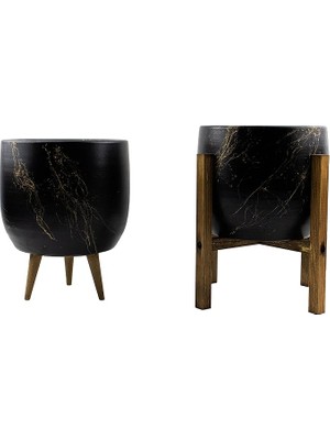 Tasarımı Ev Dekorasyon Aksesuar Siyah Üzeri Gold Mermer Efektli Toprak Saksı Saksılık Salon Çiçeklik Ikili Set 3 Ayaklı- 4 Ayaklı- 19 cm