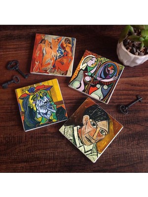 Stone Picasso Ağlayan Kadın, Avignonlu Kızlar, Ayna Karşısındaki Kız, Otoportre Taş Bardak Altlığı Seti - 4 Parça - Dekoratif, Rustik Mutfak Aksesuarı, 10X10 Cm, Kaydırmaz Tabanlı SC228