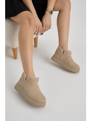 Tonny Black Kadın Bej Kalın Poli Taban Süet Görünümlü Bot 4,5 cm Topuklu Şık ve Konforlu