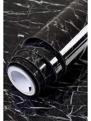 Mermer Desenli Yapışkanlı Folyo - Beyaz, 60 cm x 5 M - Mutfak Tezgahı ve Dolap Kaplama Kağıdı, Kolay Kesim ve Uygulama, Dayanıklı ve Su Geçirmez (Siyah Mermer)