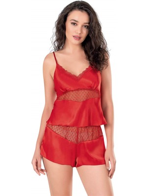 Venüs Shopping Kırmızı Saten Babydoll Şort Takımı