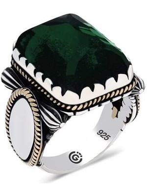 Gumush Gümüş Yeşil Zirkon Taşlı Kare Erkek Yüzük