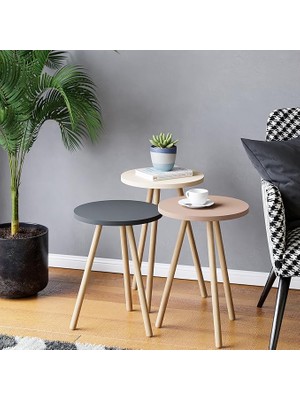 Üçlü Zigon Sehpa Ahşap Ayaklı Yuvarlak Pastel Tasarım (Cappuccino,gri,krem)