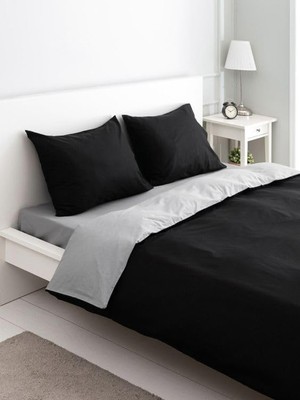 Pamuklu Ranforce Çift Kişilik 200X220 Çift Taraflı Nevresim Yorgan Kılıfı Siyah-Gri