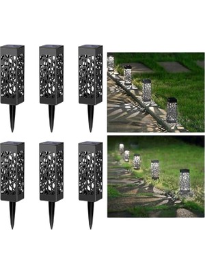 6'lı Solar Bahçe Lambası, LED Aydınlatmalı, 28 cm Çap, Abs Gövde, IP65 Su Geçirmez, Zemine Gömülebilir, Karanlıkta Otomatik Yanan, Gündüz Otomatik Şarj Olan Lamba, 040, Siyah