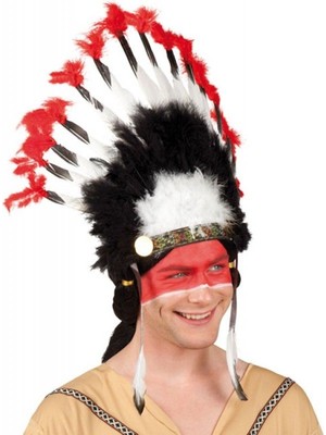 Femina Trendy Beyaz Tüylü Siyah Kırmızı Büyük Hintli Kızılderili Başlığı (4940)