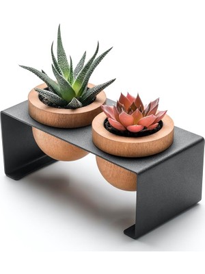 Metal Stantlı 2’li Skulent Saksısı – Siyah Metal Stant ve Meşe Saksılar, Modern Tasarım, Dekoratif Çiçek Saksılığı, Skulent ve Kaktüs Için Şık Saksı, Ev ve Ofis Dekoru