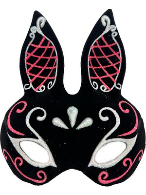 Femina Trendy Siyah Renk Kırmızı Beyaz Simli Siyah Süet Kaplama Tavşan Maskesi 18X16 cm (4940)