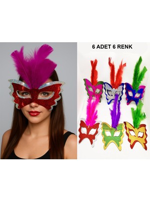 Femina Trendy Renkli Parti Maskesi 6&amp;apos;lı | Tüylü Karton Maske Seti (Lastikli) (4940)