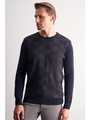 İmza Koyu Lacivert Bisiklet Yaka Uzun Kol Cepsiz Comfort Fit Pamuklu Triko Kazak 1012255221