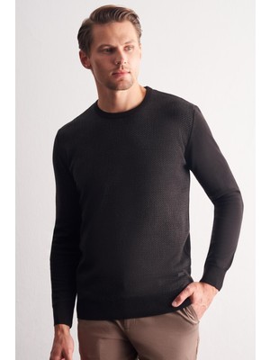 İmza Siyah Bisiklet Yaka Uzun Kol Cepsiz Comfort Fit Pamuklu Triko Kazak 1012255216