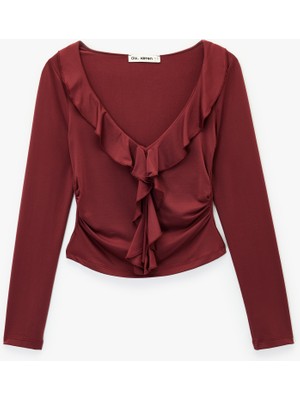 Koton Fırfır Detaylı Uzun Kollu Slim Fit V Yaka Tişört