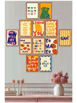 UNT Çerçeve Baskılı Eğlenceli, Abstract,  Minimalist, Modern Yiyecekler ve Mutfak Dekoru 12 Li Set Tablo