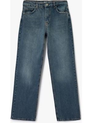 Koton Yüksek Bel Düz Paça Cepli Düğmeli Jean Pantolon - Straight Fit Jean