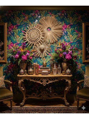 Ss Eral Koop  Lüks Gold Bohem Rattan Bambu Hasır Duvar Süsü 3'lü