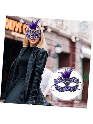 Hediye Bahçesi Siyah Kadife Payetli Pullu Mor Tüylü Parti Maskesi
