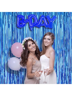 Hediye Bahçesi Ekstra Metalize Mavi Renk Saçaklı Arka Fon Perde 1x2 Metre