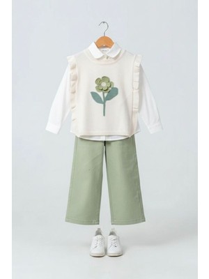Miniğimin Cicileri Çiçek Motifli Triko Süveterli Pantolonlu Kız Çocuk 3 lü kombin - Yeşil