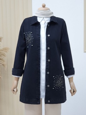 Önü Taş Detaylı Çift Cepli Kot Ceket -Siyah