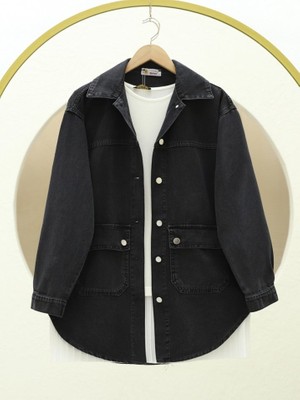 Torba Cepli Oval Kesim Kot Gömlek Ceket -Siyah