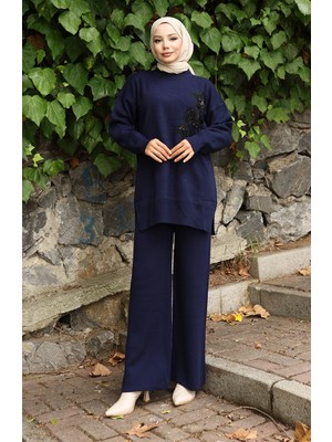 Triko Çiçek Işlemeli Tunik Pantolon Ikili Takım 1067-04 Lacivert