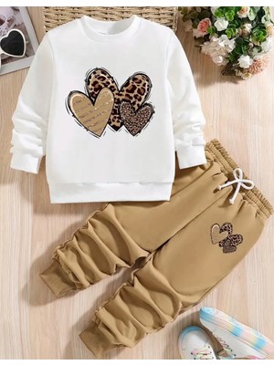 Punix Kids Punıx Kıds Özel Tasarım Kalpler Baskılı 3 Iplik Kalın Kışlık Kız Çocuk Sweatshırt Eşofman Takımı