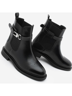 Marjin Kadın Lastikli Bilekten Çıkarılabilen Kemerli Tokalı Çift Yüzlü Günlük Bot Apade Siyah