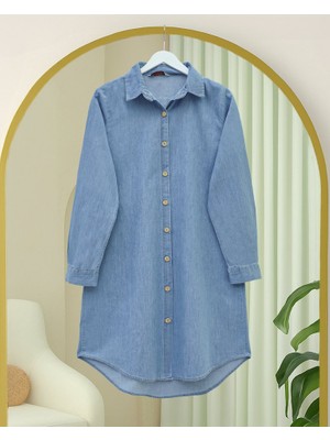 Ahşap Düğmeli Uzun Kot Tunik  -Açık Mavi