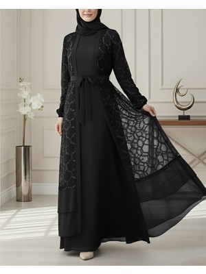 Pul Payetli Eteği Katlı Kemerli Ikili Abaya -Siyah