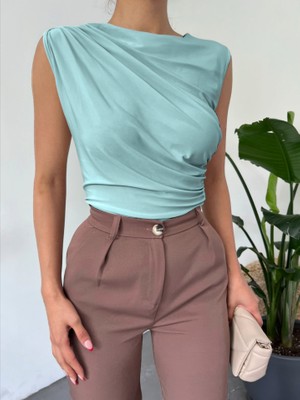 Bisiklet Yaka Sıfır Kol Sandy Bluz  -Mint